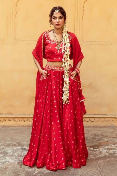 Maison Shefali Red Satin, Chiffon, Silk Sequins, Lace, Bandhej Print Lehenga Blouse Set Online at Aza Fashions Maison Shefali_Red Satin, Chiffon, Silk Sequins, Lace, Bandhej Print Lehenga Blouse Set _Online_at_Aza_Fashions