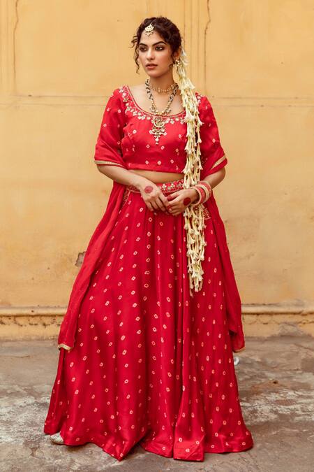 Buy Maison Shefali Red Satin, Chiffon, Silk Sequins, Lace, Bandhej Print Lehenga Blouse Set Online at Aza Fashions Buy_Maison Shefali_Red Satin, Chiffon, Silk Sequins, Lace, Bandhej Print Lehenga Blouse Set _Online_at_Aza_Fashions