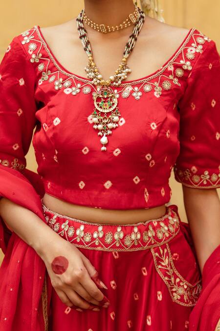 Shop Maison Shefali Red Satin, Chiffon, Silk Sequins, Lace, Bandhej Print Lehenga Blouse Set Online at Aza Fashions Shop_Maison Shefali_Red Satin, Chiffon, Silk Sequins, Lace, Bandhej Print Lehenga Blouse Set _Online_at_Aza_Fashions