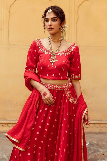 Maison Shefali Red Satin, Chiffon, Silk Sequins, Lace, Bandhej Print Lehenga Blouse Set at Aza Fashions Maison Shefali_Red Satin, Chiffon, Silk Sequins, Lace, Bandhej Print Lehenga Blouse Set _at_Aza_Fashions