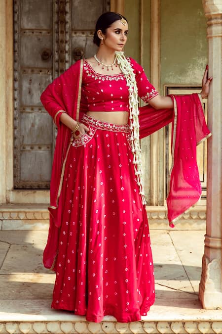 Maison Shefali Fuchsia Satin, Silk, Chiffon Sequins, Lace Mirror Work Detailed Lehenga Set Online at Aza Fashions Maison Shefali_Fuchsia Satin, Silk, Chiffon Sequins, Lace Mirror Work Detailed Lehenga Set _Online_at_Aza_Fashions