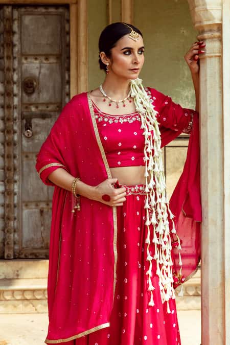 Shop Maison Shefali Fuchsia Satin, Silk, Chiffon Sequins, Lace Mirror Work Detailed Lehenga Set Online at Aza Fashions Shop_Maison Shefali_Fuchsia Satin, Silk, Chiffon Sequins, Lace Mirror Work Detailed Lehenga Set _Online_at_Aza_Fashions