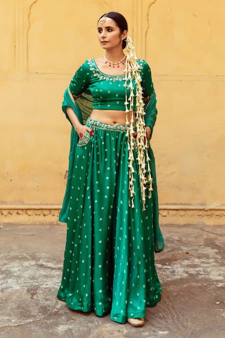 Maison Shefali Green Satin, Silk, Chiffon Sequins, Mirrors, Work Detailed Lehenga Blouse Set Online at Aza Fashions Maison Shefali_Green Satin, Silk, Chiffon Sequins, Mirrors, Work Detailed Lehenga Blouse Set _Online_at_Aza_Fashions