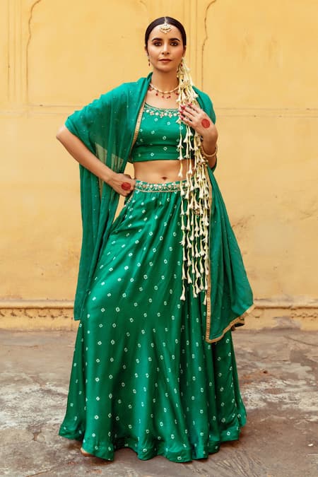 Shop Maison Shefali Green Satin, Silk, Chiffon Sequins, Mirrors, Work Detailed Lehenga Blouse Set Online at Aza Fashions Shop_Maison Shefali_Green Satin, Silk, Chiffon Sequins, Mirrors, Work Detailed Lehenga Blouse Set _Online_at_Aza_Fashions