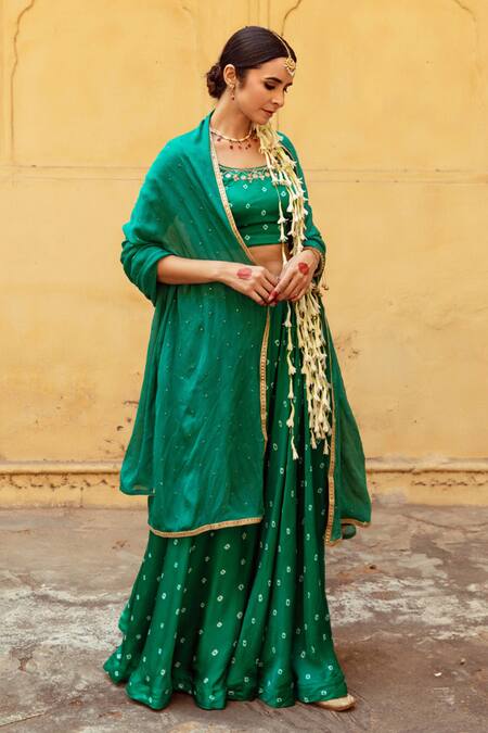 Maison Shefali Green Satin, Silk, Chiffon Sequins, Mirrors, Work Detailed Lehenga Blouse Set at Aza Fashions Maison Shefali_Green Satin, Silk, Chiffon Sequins, Mirrors, Work Detailed Lehenga Blouse Set _at_Aza_Fashions