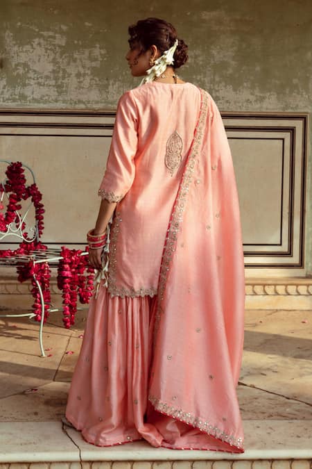 Shop Maison Shefali Peach Chanderi Silk Embroidery, Mirrors, Cut Work Marodi Kurta Sharara Set at Aza Fashions Shop_Maison Shefali_Peach Chanderi Silk Embroidery, Mirrors, Cut Work Marodi Kurta Sharara Set _at_Aza_Fashions