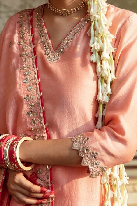 Maison Shefali Peach Chanderi Silk Embroidery, Mirrors, Cut Work Marodi Kurta Sharara Set Online at Aza Fashions Maison Shefali_Peach Chanderi Silk Embroidery, Mirrors, Cut Work Marodi Kurta Sharara Set _Online_at_Aza_Fashions