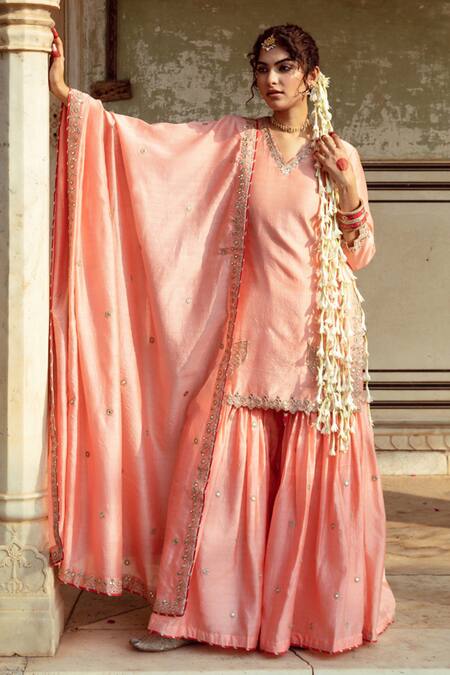 Buy Maison Shefali Peach Chanderi Silk Embroidery, Mirrors, Cut Work Marodi Kurta Sharara Set Online at Aza Fashions Buy_Maison Shefali_Peach Chanderi Silk Embroidery, Mirrors, Cut Work Marodi Kurta Sharara Set _Online_at_Aza_Fashions