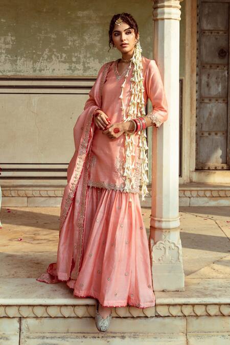 Shop Maison Shefali Peach Chanderi Silk Embroidery, Mirrors, Cut Work Marodi Kurta Sharara Set Online at Aza Fashions Shop_Maison Shefali_Peach Chanderi Silk Embroidery, Mirrors, Cut Work Marodi Kurta Sharara Set _Online_at_Aza_Fashions