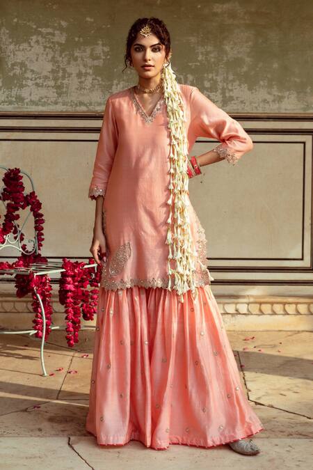Maison Shefali Peach Chanderi Silk Embroidery, Mirrors, Cut Work Marodi Kurta Sharara Set at Aza Fashions Maison Shefali_Peach Chanderi Silk Embroidery, Mirrors, Cut Work Marodi Kurta Sharara Set _at_Aza_Fashions