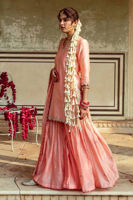 Buy Maison Shefali Peach Chanderi Silk Embroidery, Mirrors, Cut Work Marodi Kurta Sharara Set Buy_Maison Shefali_Peach Chanderi Silk Embroidery, Mirrors, Cut Work Marodi Kurta Sharara Set