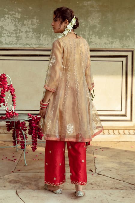 Shop Maison Shefali Gold Chanderi Silk, Tissue Embroidery Round Neck Marodi Anarkali With Pant at Aza Fashions Shop_Maison Shefali_Gold Chanderi Silk, Tissue Embroidery Round Neck Marodi Anarkali With Pant _at_Aza_Fashions