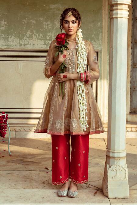 Maison Shefali Gold Chanderi Silk, Tissue Embroidery Round Neck Marodi Anarkali With Pant Online at Aza Fashions Maison Shefali_Gold Chanderi Silk, Tissue Embroidery Round Neck Marodi Anarkali With Pant _Online_at_Aza_Fashions