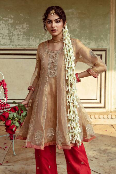 Buy Maison Shefali Gold Chanderi Silk, Tissue Embroidery Round Neck Marodi Anarkali With Pant Online at Aza Fashions Buy_Maison Shefali_Gold Chanderi Silk, Tissue Embroidery Round Neck Marodi Anarkali With Pant _Online_at_Aza_Fashions