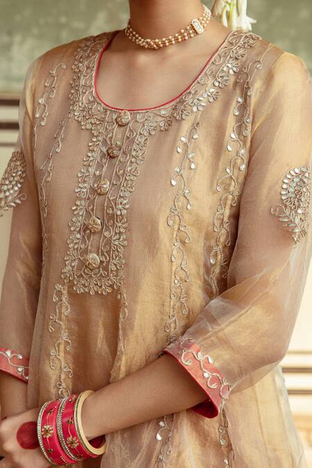 Shop Maison Shefali Gold Chanderi Silk, Tissue Embroidery Round Neck Marodi Anarkali With Pant Online at Aza Fashions Shop_Maison Shefali_Gold Chanderi Silk, Tissue Embroidery Round Neck Marodi Anarkali With Pant _Online_at_Aza_Fashions