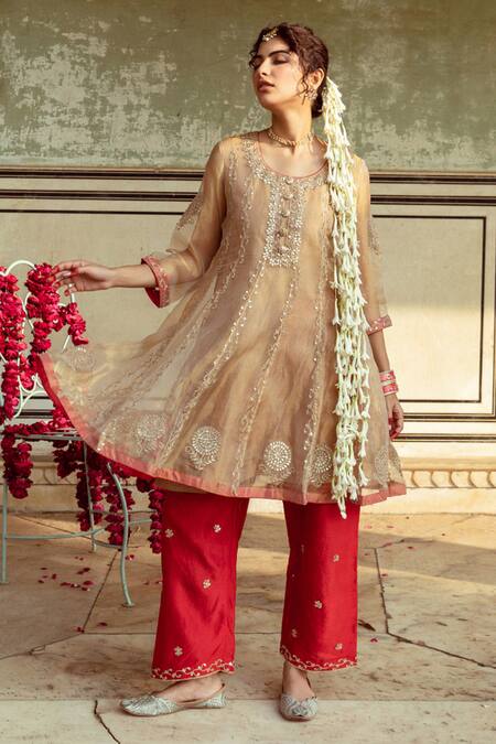 Maison Shefali Gold Chanderi Silk, Tissue Embroidery Round Neck Marodi Anarkali With Pant at Aza Fashions Maison Shefali_Gold Chanderi Silk, Tissue Embroidery Round Neck Marodi Anarkali With Pant _at_Aza_Fashions