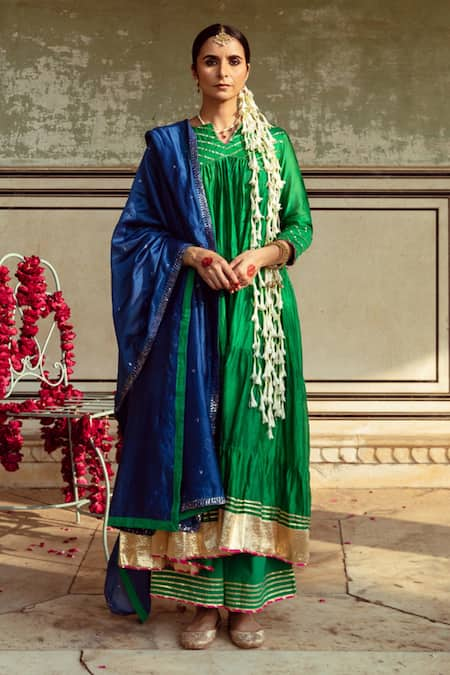 Maison Shefali Green Chanderi Silk Embroidered Sequin Tiered Anarkali Set With Contrast Dupatta 