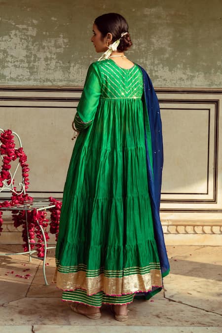Shop Maison Shefali Green Cotton, Chanderi Silk, Silk, Tiered Anarkali Set With Contrast Dupatta at Aza Fashions Shop_Maison Shefali_Green Cotton, Chanderi Silk, Silk, Tiered Anarkali Set With Contrast Dupatta _at_Aza_Fashions