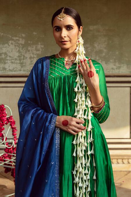 Maison Shefali Green Cotton, Chanderi Silk, Silk, Tiered Anarkali Set With Contrast Dupatta Online at Aza Fashions Maison Shefali_Green Cotton, Chanderi Silk, Silk, Tiered Anarkali Set With Contrast Dupatta _Online_at_Aza_Fashions