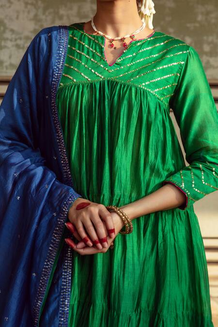 Buy Maison Shefali Green Cotton, Chanderi Silk, Silk, Tiered Anarkali Set With Contrast Dupatta Online at Aza Fashions Buy_Maison Shefali_Green Cotton, Chanderi Silk, Silk, Tiered Anarkali Set With Contrast Dupatta _Online_at_Aza_Fashions