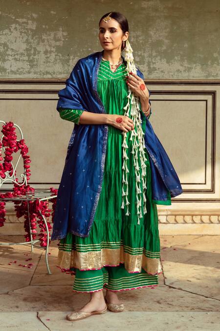 Shop Maison Shefali Green Cotton, Chanderi Silk, Silk, Tiered Anarkali Set With Contrast Dupatta Online at Aza Fashions Shop_Maison Shefali_Green Cotton, Chanderi Silk, Silk, Tiered Anarkali Set With Contrast Dupatta _Online_at_Aza_Fashions