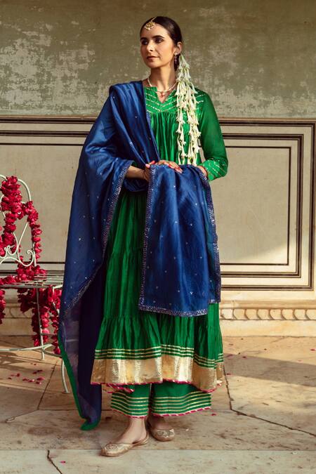 Maison Shefali Green Cotton, Chanderi Silk, Silk, Tiered Anarkali Set With Contrast Dupatta at Aza Fashions Maison Shefali_Green Cotton, Chanderi Silk, Silk, Tiered Anarkali Set With Contrast Dupatta _at_Aza_Fashions