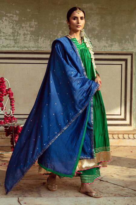 Buy Maison Shefali Green Cotton, Chanderi Silk, Silk, Tiered Anarkali Set With Contrast Dupatta Buy_Maison Shefali_Green Cotton, Chanderi Silk, Silk, Tiered Anarkali Set With Contrast Dupatta