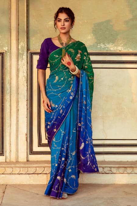 Maison Shefali Flora & Fauna Embroidered Saree With Unstitched Blouse Piece 