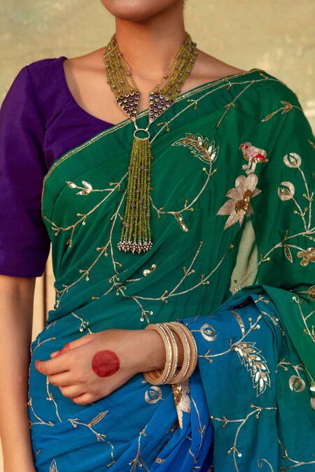 Maison Shefali Green Crepe, Flora And Fauna Embroidered Saree With Unstitched Blouse Piece Online at Aza Fashions Maison Shefali_Green Crepe, Flora And Fauna Embroidered Saree With Unstitched Blouse Piece _Online_at_Aza_Fashions