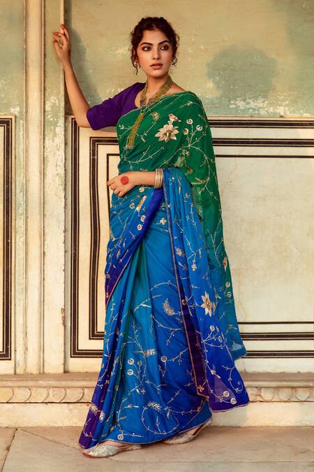 Buy Maison Shefali Green Crepe, Flora And Fauna Embroidered Saree With Unstitched Blouse Piece Online at Aza Fashions Buy_Maison Shefali_Green Crepe, Flora And Fauna Embroidered Saree With Unstitched Blouse Piece _Online_at_Aza_Fashions