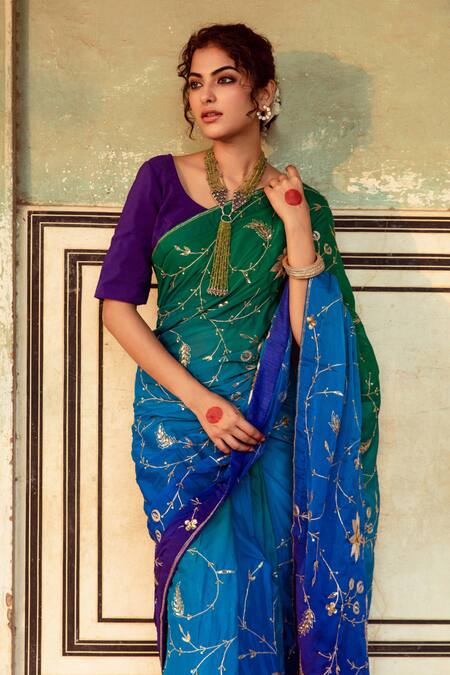 Maison Shefali Green Crepe, Flora And Fauna Embroidered Saree With Unstitched Blouse Piece at Aza Fashions Maison Shefali_Green Crepe, Flora And Fauna Embroidered Saree With Unstitched Blouse Piece _at_Aza_Fashions