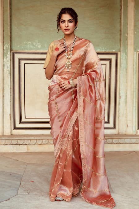 Maison Shefali Brown Pure Tissue Silk Embroidered Zardozi Saree With Unstitched Blouse Piece 