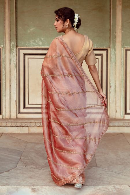Shop_Maison Shefali_Brown Tissue, Silk Zari Zardozi Embroidered Saree With Unstitched Blouse Piece _at_Aza_Fashions