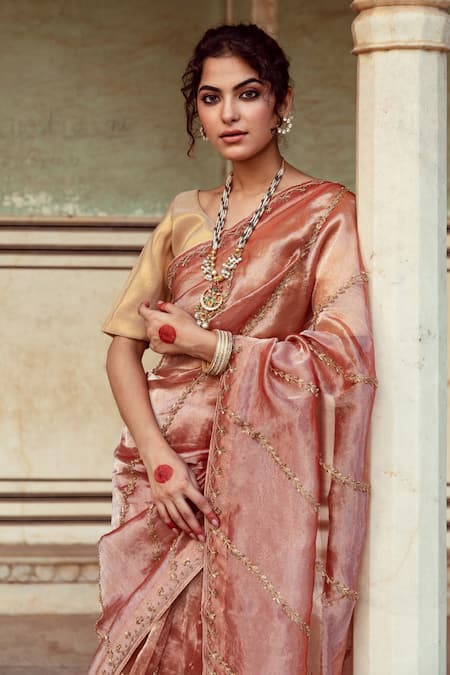 Maison Shefali_Brown Tissue, Silk Zari Zardozi Embroidered Saree With Unstitched Blouse Piece _Online_at_Aza_Fashions