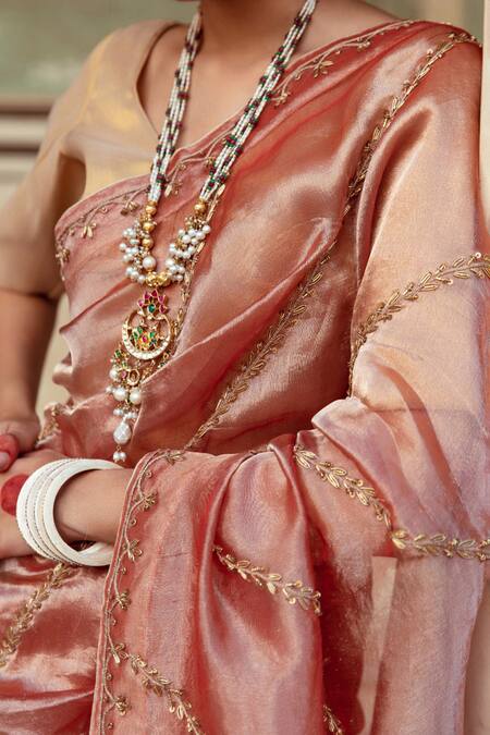 Buy_Maison Shefali_Brown Tissue, Silk Zari Zardozi Embroidered Saree With Unstitched Blouse Piece _Online_at_Aza_Fashions