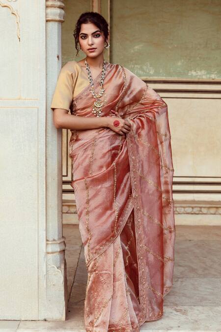 Shop_Maison Shefali_Brown Tissue, Silk Zari Zardozi Embroidered Saree With Unstitched Blouse Piece _Online_at_Aza_Fashions