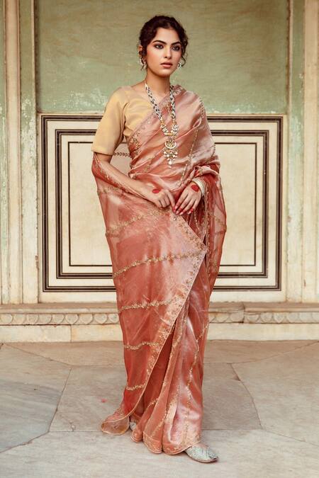 Maison Shefali_Brown Tissue, Silk Zari Zardozi Embroidered Saree With Unstitched Blouse Piece _at_Aza_Fashions