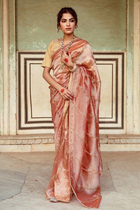 Buy_Maison Shefali_Brown Tissue, Silk Zari Zardozi Embroidered Saree With Unstitched Blouse Piece 