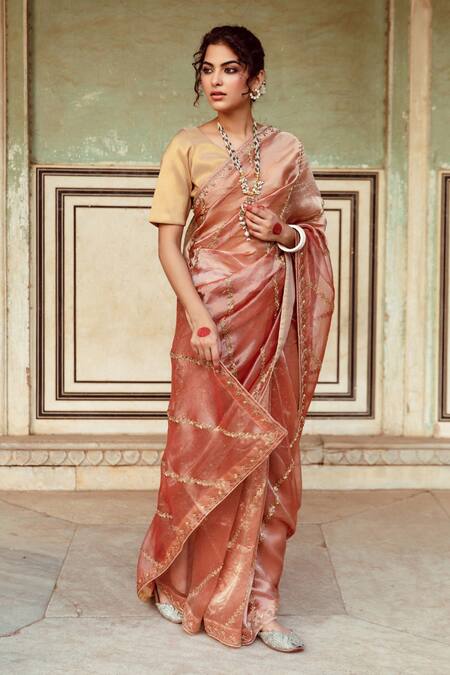 Shop_Maison Shefali_Brown Tissue, Silk Zari Zardozi Embroidered Saree With Unstitched Blouse Piece 