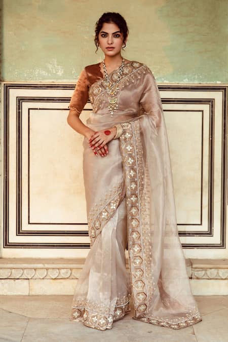 Maison Shefali Embroidered Hem Saree With Unstitched Blouse Piece 