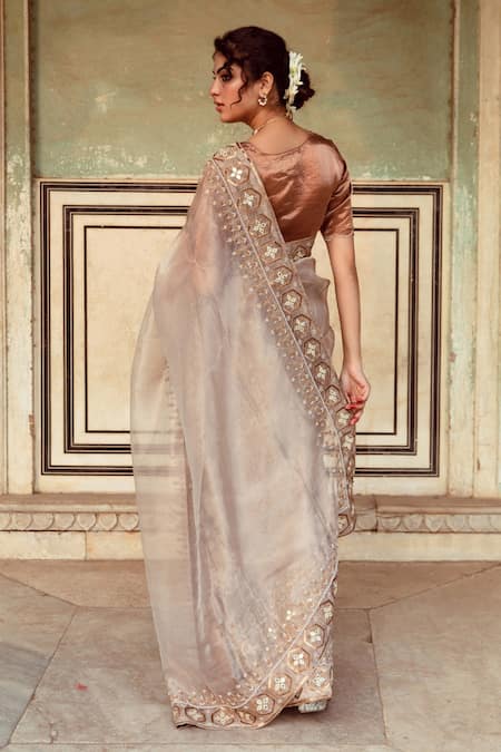 Shop_Maison Shefali_Silver Tissue, Silk Pearls, Embroidered Hem Saree With Unstitched Blouse Piece _at_Aza_Fashions