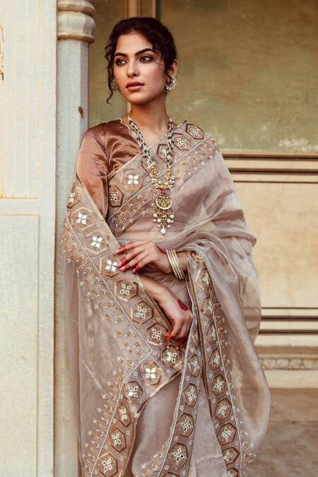Maison Shefali_Silver Tissue, Silk Pearls, Embroidered Hem Saree With Unstitched Blouse Piece _Online_at_Aza_Fashions