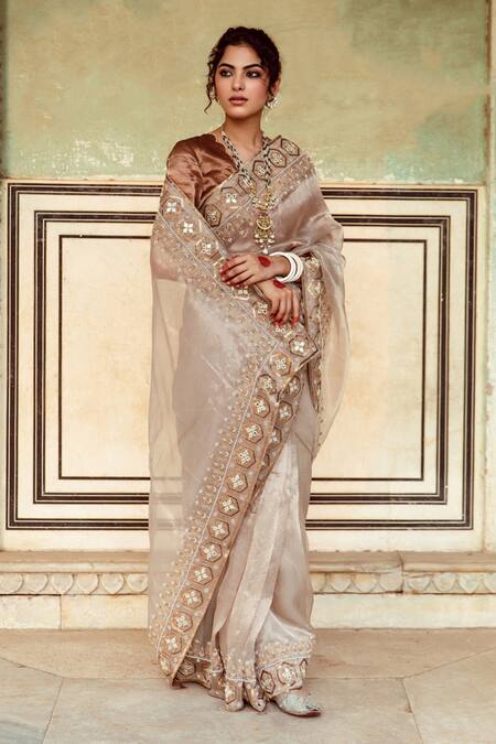 Shop_Maison Shefali_Silver Tissue, Silk Pearls, Embroidered Hem Saree With Unstitched Blouse Piece _Online_at_Aza_Fashions