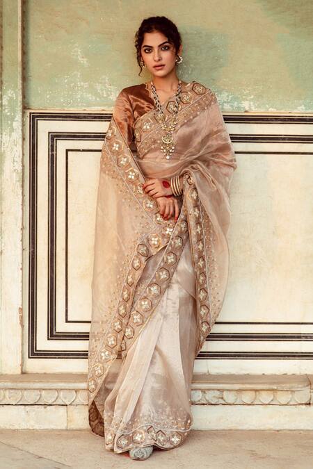 Maison Shefali_Silver Tissue, Silk Pearls, Embroidered Hem Saree With Unstitched Blouse Piece _at_Aza_Fashions