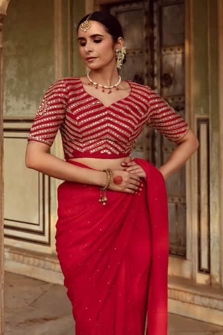 Maison Shefali Red Chiffon, Silk Embroidery Badla Detailed Saree With Unstitched Blouse Piece Online at Aza Fashions Maison Shefali_Red Chiffon, Silk Embroidery Badla Detailed Saree With Unstitched Blouse Piece _Online_at_Aza_Fashions