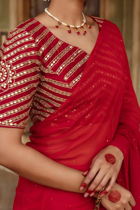 Buy Maison Shefali Red Chiffon, Silk Embroidery Badla Detailed Saree With Unstitched Blouse Piece Online at Aza Fashions Buy_Maison Shefali_Red Chiffon, Silk Embroidery Badla Detailed Saree With Unstitched Blouse Piece _Online_at_Aza_Fashions