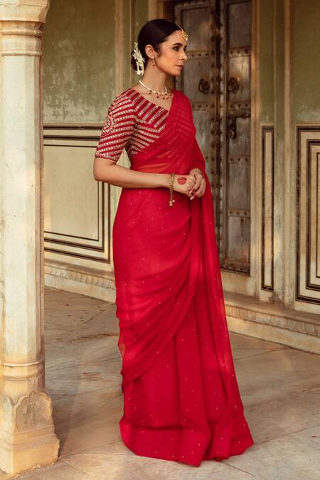 Shop Maison Shefali Red Chiffon, Silk Embroidery Badla Detailed Saree With Unstitched Blouse Piece Online at Aza Fashions Shop_Maison Shefali_Red Chiffon, Silk Embroidery Badla Detailed Saree With Unstitched Blouse Piece _Online_at_Aza_Fashions