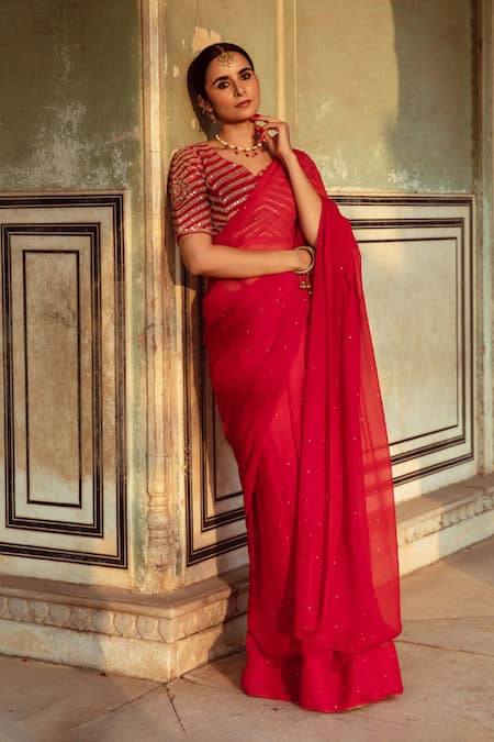 Buy Maison Shefali Red Chiffon, Silk Embroidery Badla Detailed Saree With Unstitched Blouse Piece Buy_Maison Shefali_Red Chiffon, Silk Embroidery Badla Detailed Saree With Unstitched Blouse Piece