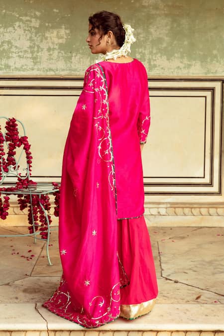 Shop Maison Shefali Magenta Cotton, Chanderi Sequins, Embroidery Jaal Detailed Kurta Sharara Set at Aza Fashions Shop_Maison Shefali_Magenta Cotton, Chanderi Sequins, Embroidery Jaal Detailed Kurta Sharara Set _at_Aza_Fashions