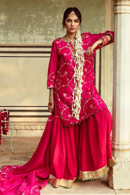 Maison Shefali Magenta Cotton, Chanderi Sequins, Embroidery Jaal Detailed Kurta Sharara Set Online at Aza Fashions Maison Shefali_Magenta Cotton, Chanderi Sequins, Embroidery Jaal Detailed Kurta Sharara Set _Online_at_Aza_Fashions